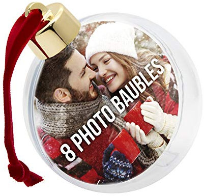 Shot2go Pack of 8 Christmas Photo Baubles Gold/Red - each holds 2 x 65mm photos