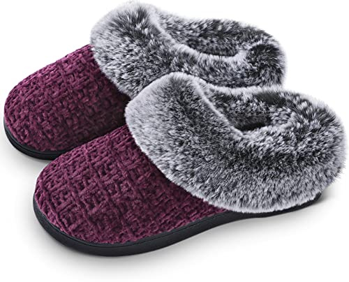 DL Women's House Slippers with Fuzzy Plush Faux Fur Collar, Memory Foam Slip on House Shoes with Indoor Outdoor Anti-Skid Rubber Sole, Purple, 7-8