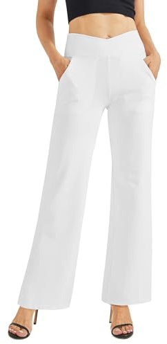 G4Free Pantalon de yoga large pour femme - Pantalon de jogging long croisé élégant - Contrôle du ventre - Coupe droite - Stretch - Jambe large - Pantalon de sport droit avec poches, blanc/jardin