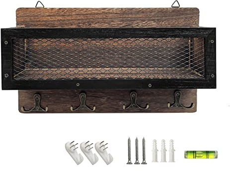 LYFJXX Mail and Key Holder for Wall Decorative, Wooden Wall Key Rack Organizer with 4 Double Key Hooks, Wall Mount Key Hanger for Entryway, Storage, Living Room, Hallway, Kitchen (Brown)