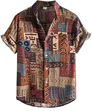 Camicia in Lino Uomo Vintage Etnico Henley Shirt Maniche Corte Estate Casual Hawaiana Maglietta Slim-Fit Tops
