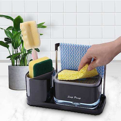 Zawaer Dosificador Jabon Cocina, Organizador de Fregadero Negro con Bandeja y Soporte para Esponja, detergente Recargable，Dispensadores de Bomba de jabón y Porta esponjas