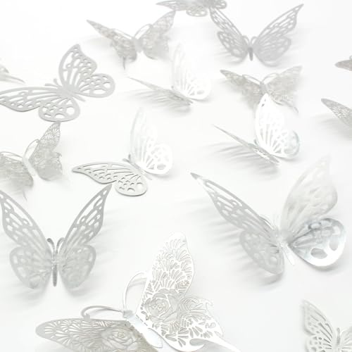 HDKAJL 3D Butterfly Wall Stickers - 72 Pcs 3D Butterflies, 2 Styles & 3 Sizes, for Room Decor, Silver