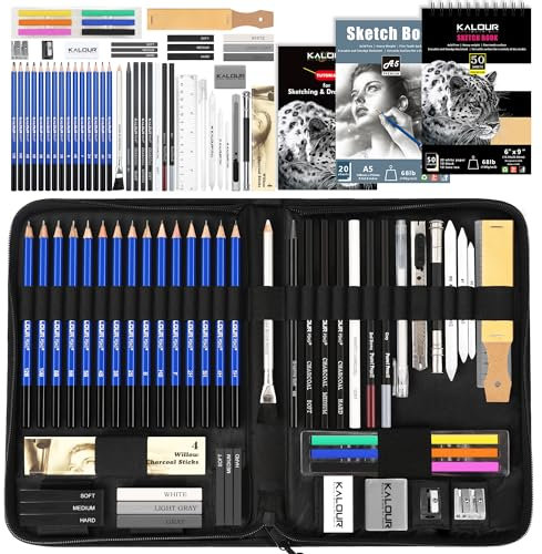 KALOUR PDAS 58-teiliges Zeichenset, Skizzen-Set, Skizzenzubehör mit 3-farbigem Skizzenbuch, A5-Skizzenbuch, Tutorial, Graphit- und Kohlestifte, professionelles Kunst-Zeichenset für Künstler