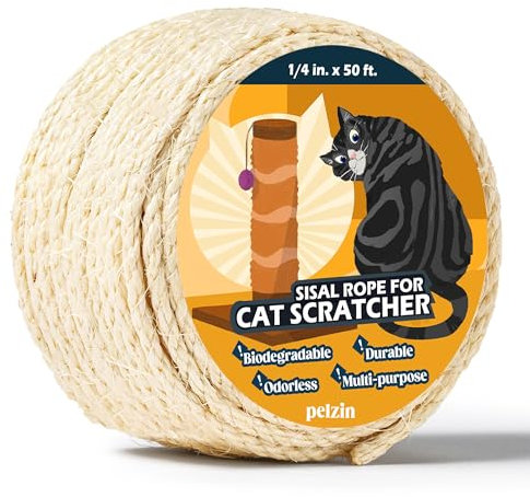 Pelzin Cuerda de sisal Natural para rascador de Gatos de 1/4 Pulgadas por 50 pies, Cuerda de árbol de Gato para reemplazo de Poste rascador de Gatos, Torre para Gatos con Poste de arañazos,