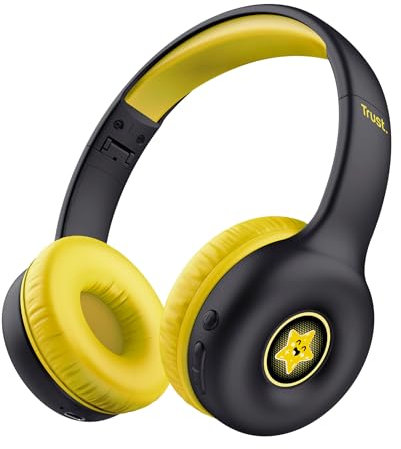 Trust Nouna Auriculares Inalambricos Bluetooth para Niños 4-10 Años, Límite de Volumen (85dB), Cascos Plegables con Micrófono y Adhesivos, Batería de 15h, Headset para Switch, Tablet, Negro