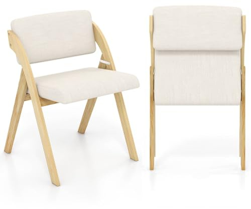 COSTWAY Padded Folding Chair Set of 2, Wooden Counter Dining Chairs with Linen Fabric Seat, Backrest & Rubber Wood Legs, Modern Upholstered Kitchen Office Conference Seats, No Assembly (Beige)
