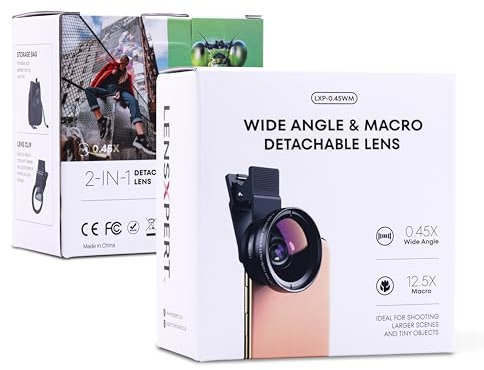 LensXpert® Universal 2-in-1 Cell Phone Camera Lens Kit: 0.45X Super Wide Angle & 12.5X Macro Lens, Clip-On Attachment for iPhone, Samsung, Android Smartphones – Capture Stunning Photos Anywhere