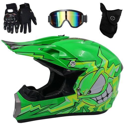 Casco Motocross Bambino, Casco Integrale da MTB Adulti E Bambini Set, Caschi Bicicletta Downhill MX con Occhiali Guanti Mask, Approvato DOT(#55,S(52-53cm))