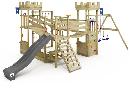 WICKEY Spielturm Ritterburg Smart Arch mit Schaukel & Anthraziter Rutsche, Outdoor Kinder Kletterturm mit Sandkasten, Leiter & Spiel-Zubehör für den Garten
