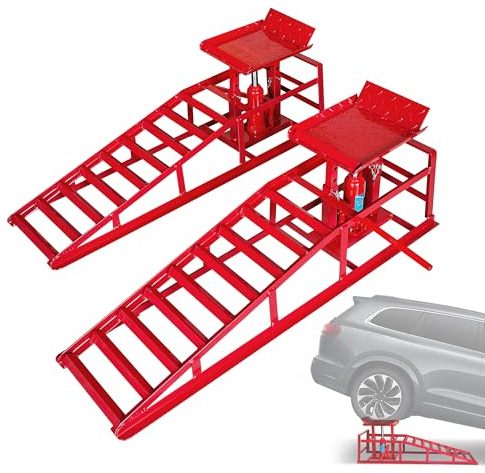 LOCKIETTA Hydraulic Car Ramps 2 PCS, 11050LBS Heavy Duty Car Ramp with Hydraulic Jack, Ramps for Oil Changes High Lift 9-14.2, Oil Change Ramps for Pickup Trucks, Red