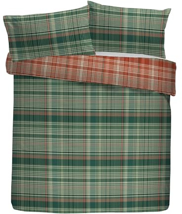 Dreams & Drapes Lodge Bennet Parure de lit avec Housse de Couette 100% Coton brossé, Double 200 x 200 cm, Vert, Motif à Carreaux Traditionnels