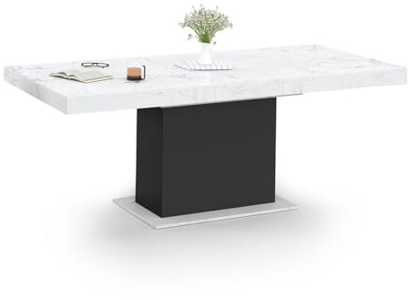IDMarket - Tavolo da pranzo rettangolare allungabile EDEN 6-10 persone con piano ALASKA effetto marmo bianco e nero 160-200 cm