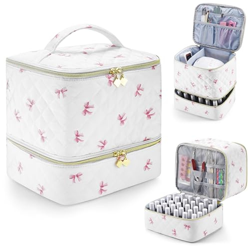 PU Leather Nail Polish Organizer and Nail Lamp Case, Nail Kit Organizer Holds 30+ Bottles (15ml - 0.5 fl.oz) and a Nail Lamp, Nail Polish Carrying Case with Manicure Tools Storage Sections (Pink Bow)