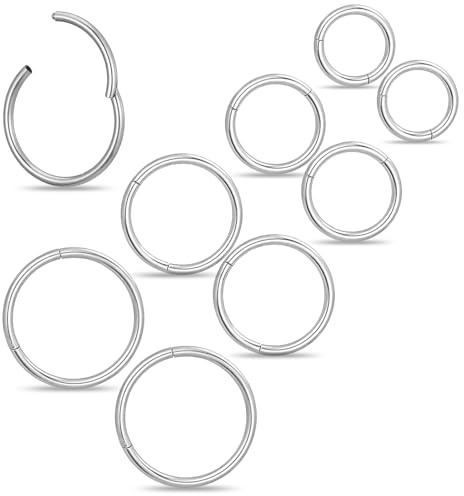 Yolev 8 st näsringar ringar ringar ringar 16 g kirurgiskt stål tunt gångjärn klicker segmentring septum piercing smycken tragus helix örhänge brosk daith kroppspiercing för kvinnor män 6/8/10/12 mm