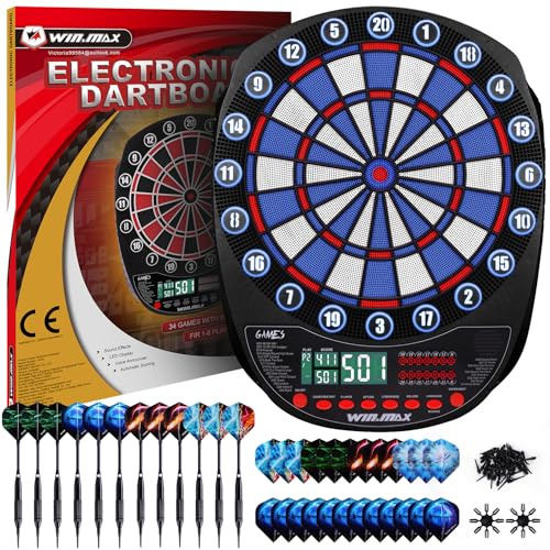 WIN.MAX Elektronisk darttavla tyska/engelska/franska multiplayer | Få slagverk, 354 spelvarianter, 3 ljusa LED-skivor, batteri eller strömförsörjning, 8 spelare, automatisk poängräkning