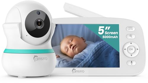 CAMSTRO Babyphone mit Kamera, 5000 mAh Akku mit 5 Zoll Bildschirm, 355° Schwenken- 4X-Digital-Zoom, Babyfone ohne WLAN, 2 Wege Audio, Weinen/Geräuscherkennung, 5 Schlaflieder, Nachtsicht