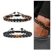 M MOOHAM Bracelets for Men - Beaded Natural Tiger Eye Bracelets for Men Black Lava Rock Stone Chakra Mens Anxiety Bracelet Adjustable Aromatherapy Oil Diffuser Jewelry Gifts