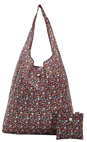 Eco Chic Lightweight Foldable Reusable Shopping Bag Water Resistant Tote Bag (Ditsy Black)