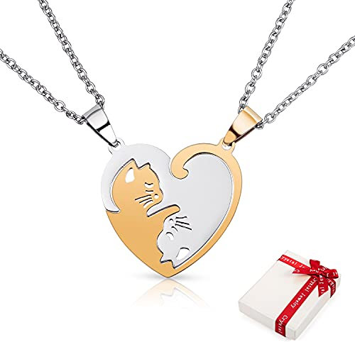 2 Stück Damen Kette Anhänger für Paar Pärchen,Herz Freundschaftsketten Best Friends Haslkette Gravur Katze, Schmuck Partnerketten für BFF beste Freunde Liebhaber Couple Geschenke (Gold Silber )