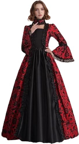 CAMDOM Vestido de Fiesta Victoriano para Mujer Vestido Retro Medieval de Palacio Largo Cuello Cuadrado Satén Elegante Mangas Acampanadas Disfraz Vintage para Cosplay,Noche Formal