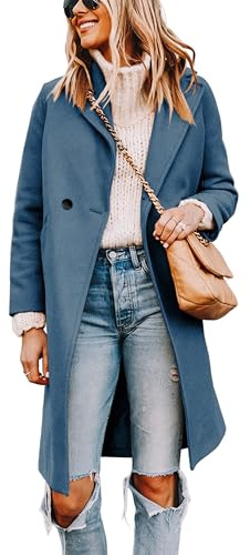 Tanming Women's Notch Lapel Double Breasted Wool Blend Mid Long Pea Trench Coat (Blue-XL)
