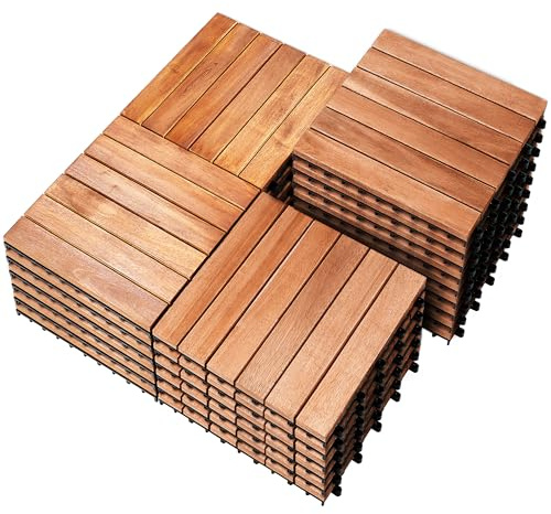 PrimeZone 27 PCS Solid Acacia Wood Interlocking Patio Deck Tiles - 12 x 12 Indoor Outdoor Waterproof Flooring Tiles for Balcony, Backyard, Porch & Poolside, All Weather Use, Natural Wood