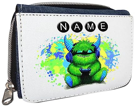 Maus-Design Geldbörse mit Name/Jeans oder Schwarz/Schriftart für Namen wählbar/Geldbeutel Portemonnaie personalisiert für Kinder oder Teenager (Zocker-Monster)