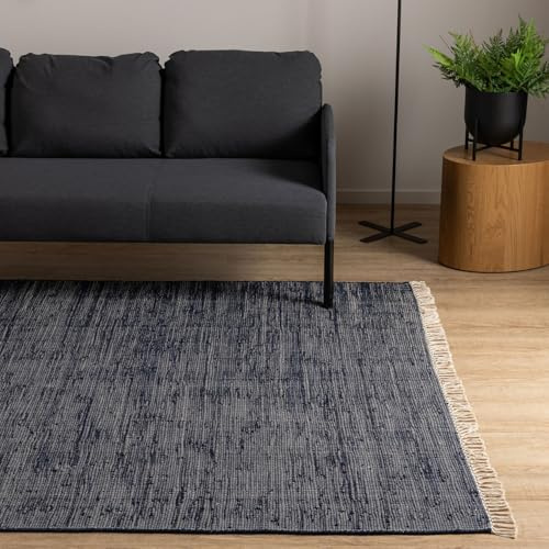 Interiyou Toledo Alfombra de algodón, 200 x 300 cm, color azul oscuro, alfombra tejida a mano con flecos para salón, dormitorio, habitación infantil, comedor, cocina o pasillo