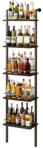 YMYNY 5-Tier Freestanding Wine Racks，Liquor Bottle Display Shelf with Fences, Wall Mounted Floating Shelf Storage Stand for Kitchen, Dining Room, 43 x 20 x 177CM Black HWR001B