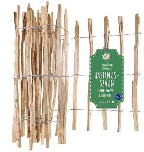 Creative Home Clôture en Bois de Noisetier de 80 cm de haut et 5 m de long | Cloture en Rouleau | Espacement des Lattes 7-9 cm | Clôture de Jardin | Bordure de Pelouse, Bordure de Parterre de Fleurs