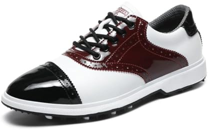 Mens Golf Shoes Waterproof Spiked Golf Casual Sneakers Non Slip Outdoor Spiked Foldable Trainers Comfortable Breathable Trainers for Golf Training (Burgundy,9)