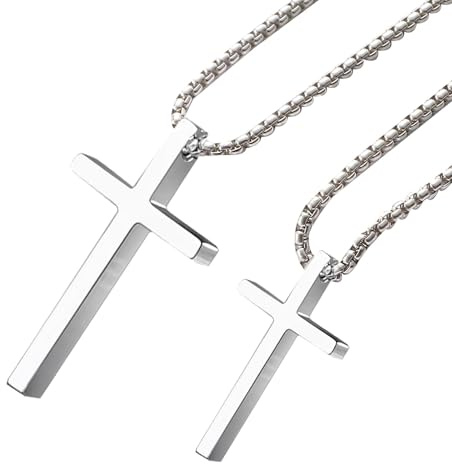 msymsyu Cross Necklace Crucifix Cross Pendant 316L Stainless Steel Silver 2 Pack 45cm/60cm for Couples Families & Men