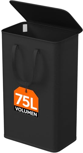 Lifewit Tvättkorg med Lock, Hopfällbar Organizer, Smal Korg Extra Platt, Förvaring Med Förlängda Handtag För Sovrum Badrum Tvättstuga, 75 L, Svart