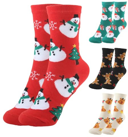 JINXIAN Chaussette de noël 4 Paires Chaussettes Noel Unisexe Respirant Doux Chaussettes Noël Femme Chaussette Noel Drôle pour Femmes et Hommes Hiver Cadeaux de Noels Taille 35-40