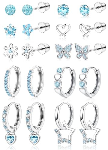 MILACOLATO 10 Pares Pendientes Niña Bebe Hipoalergenicos Pendientes de aro Mujer Mariposa Perla Multicolor Corazón Flor CZ Aretes de Con Rosca Set Joyas Regalos Be Mujer Niña-Azul