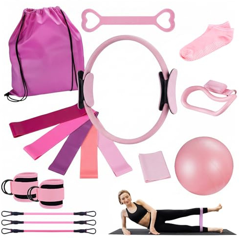 lameico Ensemble de 18 pièces de Pilates, anneau de Pilates, balle de yoga, bande de fitness, anneau de tension, anneau de massage et sac, convient pour les appareils de fitness à domicile