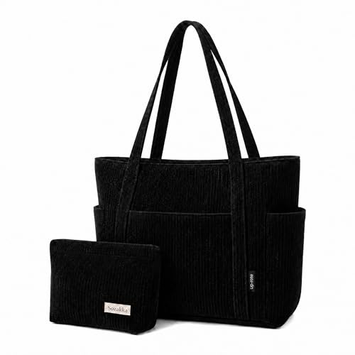 Suxyn Black Corduroy Tote Bag Set with Small Pouch, 2 Piece Shoulder Bag