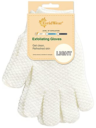 Evridwear Exfoliating Dual Texture Bath Gloves for Shower, Spa, Massage and Body Scrubs, Dead Skin Cell Remover, Gloves with Hanging Loop (1 Pair Light)