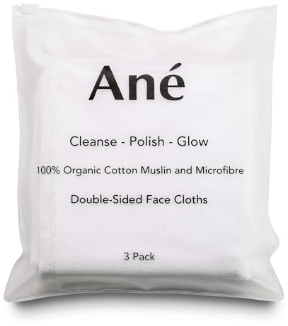 Ané Makeup Remover 3 Double Sided Organic Cotton Muslin and Microfibre Cleansing and Exfoliating Flannel Face Cloth for Gentle Face Exfoliation
