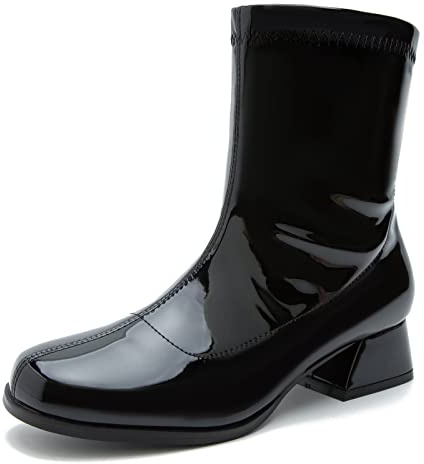 fereshte Women's Gogo Boots, Ankle Boots, Mid Calf, Low Block Heel, Square Toe, Side Zipper Black 41 - US 9.5