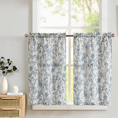 Lazzzy Kitchen Tier Linen Curtains Farmhouse Floral Blue Kitchen 36 Inch Length Small Rustic Country Curtains Rod Pocket Kitchen Set 2 Panels Blue on Beige