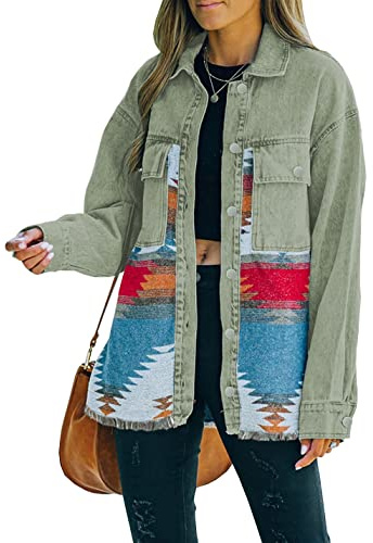 Lumister Women's Aztec Denim Jacket Distressed Lapel Long Sleeve Vintage Button Down Denim Jacket Shacket(0007-VintageGreen-XXL)
