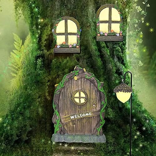 REFORUNG Puertas y Ventanas en Miniatura Puertas de Hadas para Árboles de Jardín Brilla en La Oscuridad Puerta de Gnomo para Jardin con Luz de Calle Decoraciones para Jardines/Árboles/Interior
