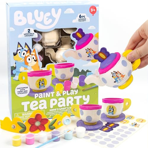 Bluey Paint & Play Tea Party, 6-Piece Wooden Tea Set, Customize with Paint & Stickers, 2 Wearable Crowns, Fun Toys for Kids, Cute Birthday Party Decorations, Pretend Play Tea Party, Toys