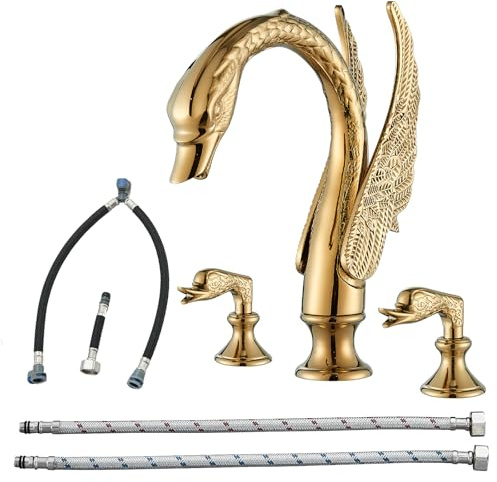 Vidugg Gold Swan Bathroom Sink Faucet 3 Holes Widepspread Bathroom Faucet Double Swan Handles Basin Faucet Sink Mixer Tap Bathroom Vanity Faucets Contemporary Sink