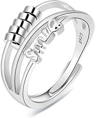 Kamise Ångestring av 925 sterling silver, ångestringar för kvinnor, öppen, justerbar, unisex, spinnring, justerbar fidget spinner-ring, antistressring, stämningsring, dekompressionsring, Silver