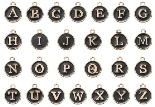 QUARKZMAN Buchstabe A-Z Emaille Buchstabenanhänger Schmuckanhänger Emaille Initialen Anhänger Gold Schwarz für Schmuckherstellung, Armband, Handwerk, Packung mit 26