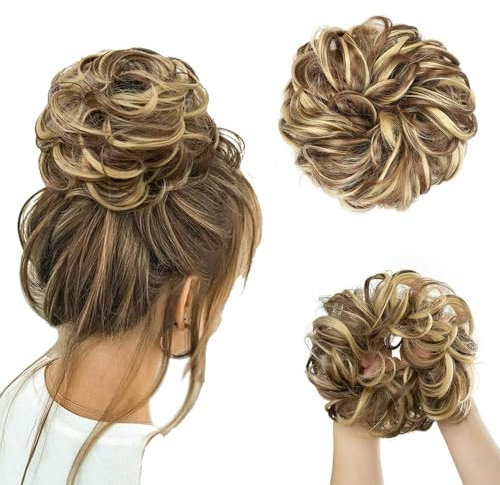 Haarteil Mit Gummiband, Groß Dutt Haarteil Blond Gelockt Haargummi Mit Haaren Hochsteckfrisuren Haarverlängerung Messy Bun Haarteile (86H10# (Hellblond mixed Hellbraun))