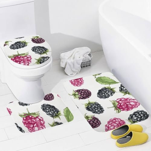 Badezimmerteppich-Set, 3-teilig, saugfähig, Brombeere-Obst-Muster, Badematten für Badezimmer, zottelig, waschbar, rutschfest, Badezimmerteppich, Matten für Dusche, Heimdekoration